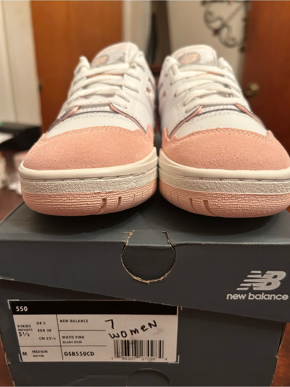 Women’s New Balance 550 White and Pink Low-Top Sneakers